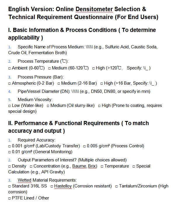 Online Densitometer Selection & Technical Requirement Questionnaire